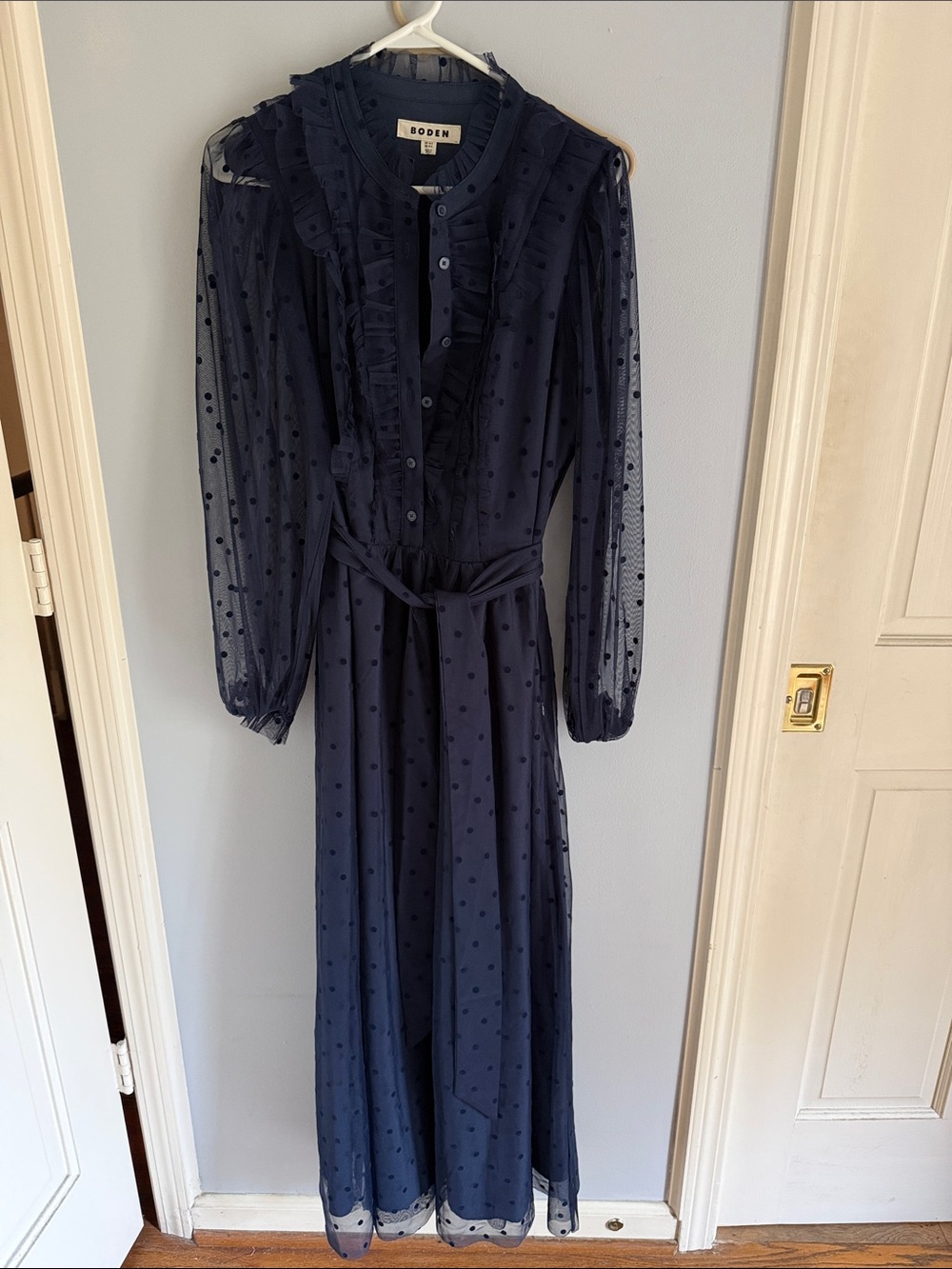 Boden Navy Sheer Polka Dot Ruffle Midi Dress